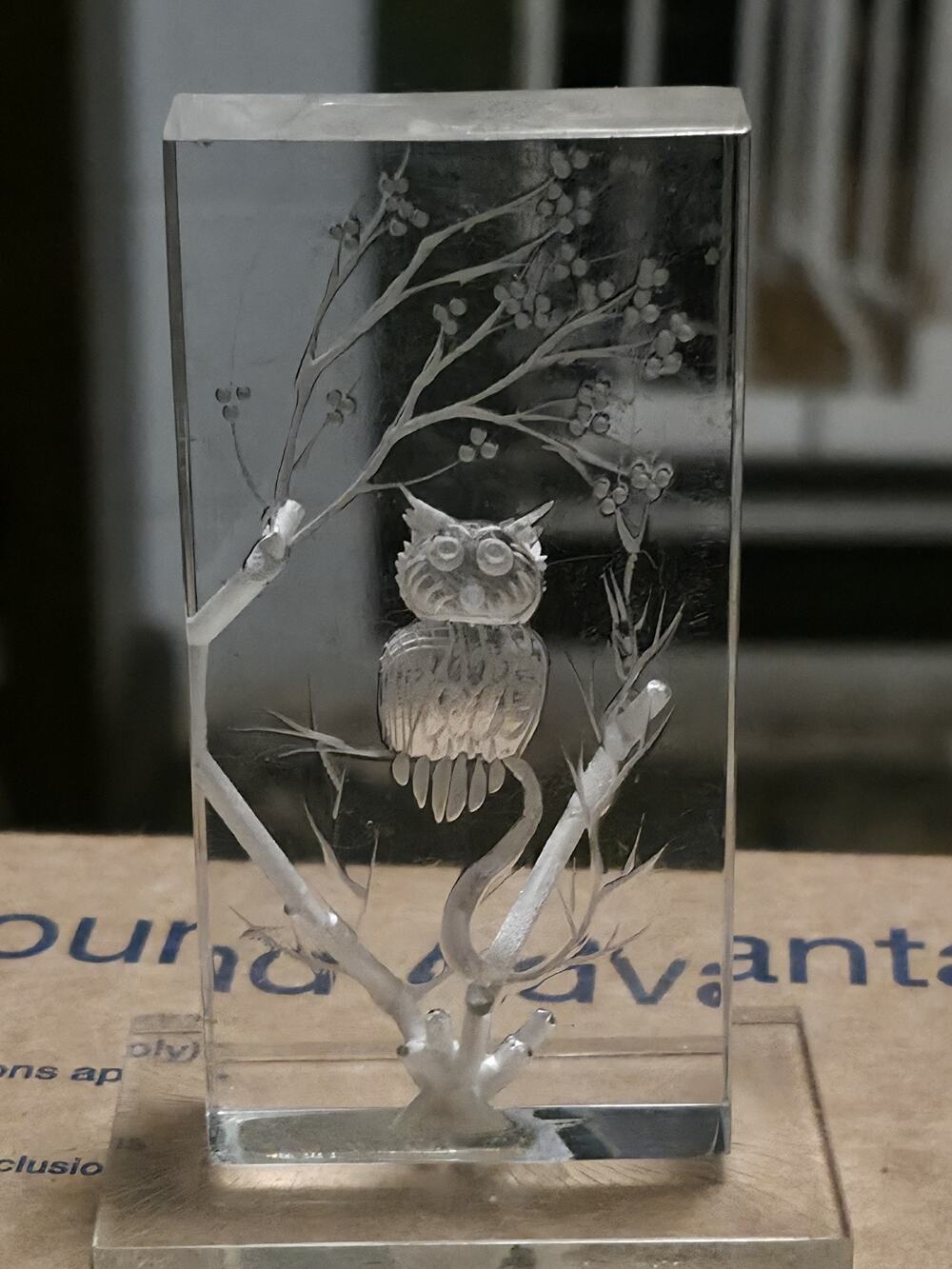Vintage Etched Acrylic Lucite Owl in Tree 4 1/8''